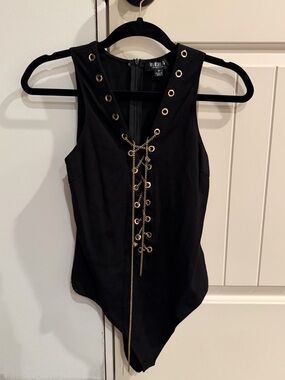 Hera Black Sleeveless Lace-Up Bodysuit with Gold Eyelets